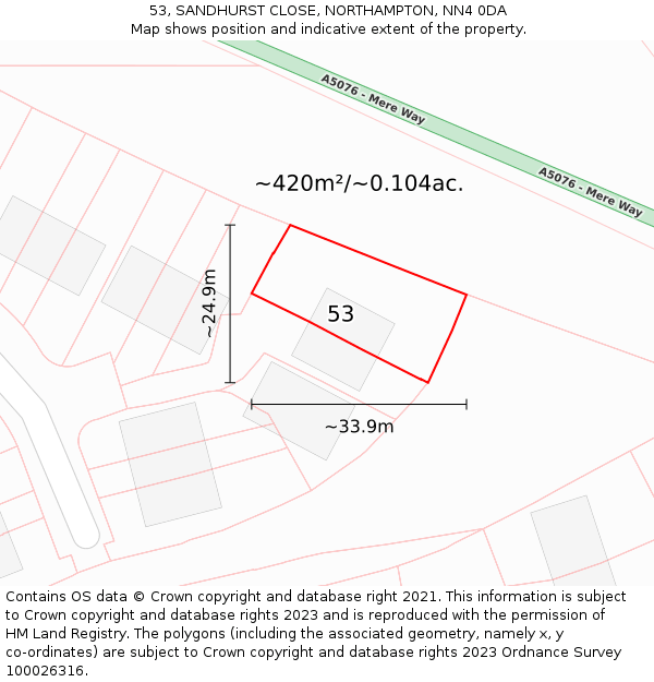 53, SANDHURST CLOSE, NORTHAMPTON, NN4 0DA: Plot and title map