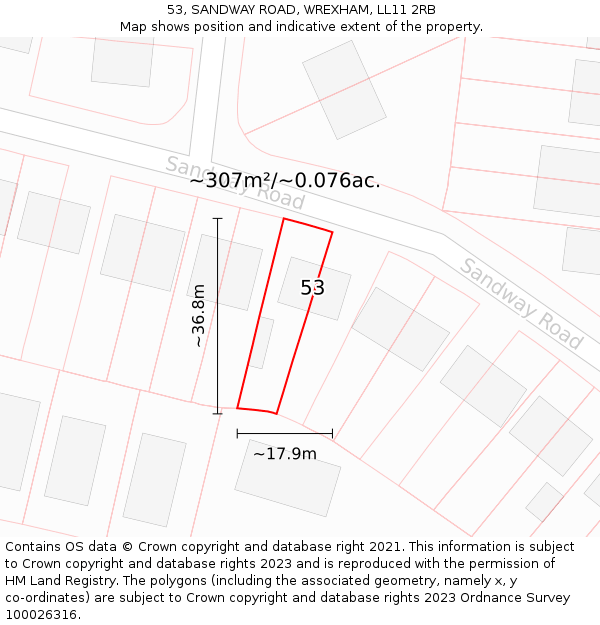 53, SANDWAY ROAD, WREXHAM, LL11 2RB: Plot and title map