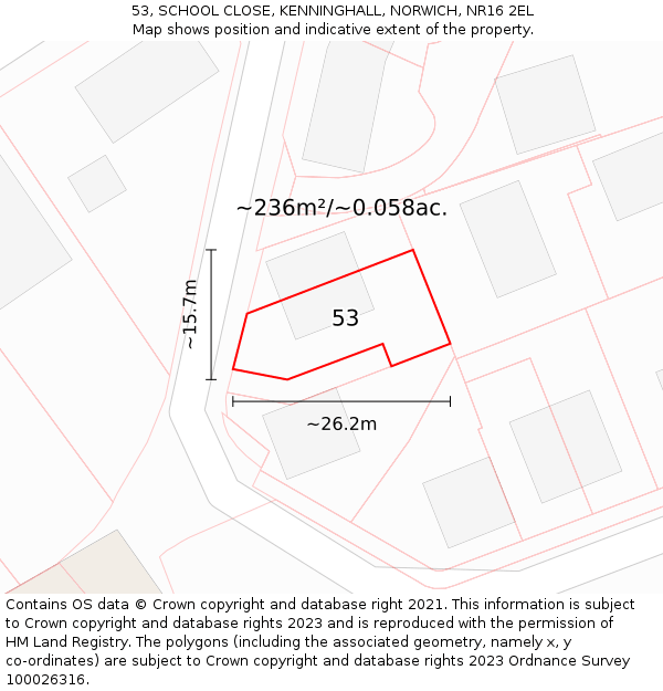 53, SCHOOL CLOSE, KENNINGHALL, NORWICH, NR16 2EL: Plot and title map