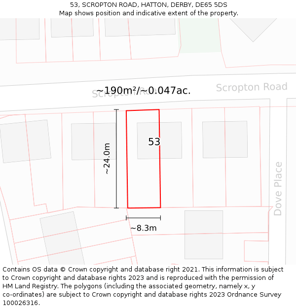 53, SCROPTON ROAD, HATTON, DERBY, DE65 5DS: Plot and title map