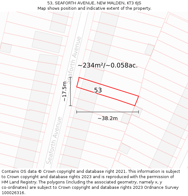 53, SEAFORTH AVENUE, NEW MALDEN, KT3 6JS: Plot and title map