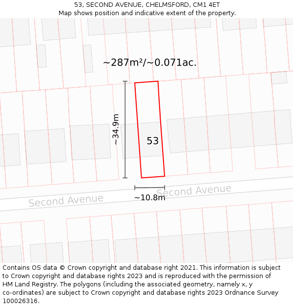 53, SECOND AVENUE, CHELMSFORD, CM1 4ET: Plot and title map