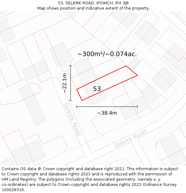 53, SELKIRK ROAD, IPSWICH, IP4 3JB: Plot and title map