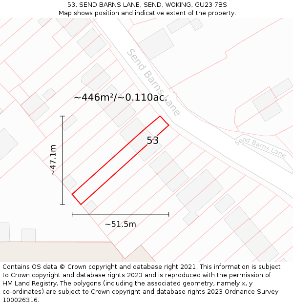 53, SEND BARNS LANE, SEND, WOKING, GU23 7BS: Plot and title map