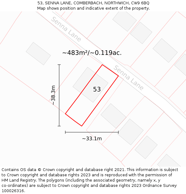 53, SENNA LANE, COMBERBACH, NORTHWICH, CW9 6BQ: Plot and title map