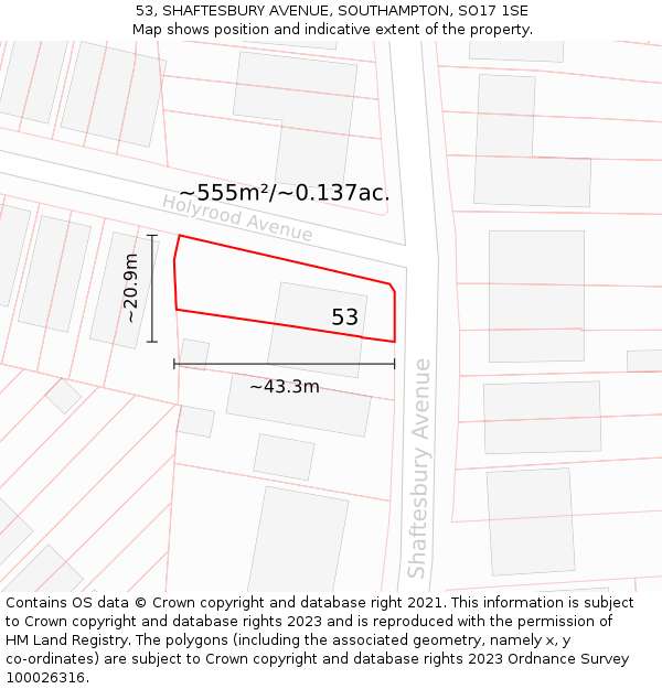 53, SHAFTESBURY AVENUE, SOUTHAMPTON, SO17 1SE: Plot and title map