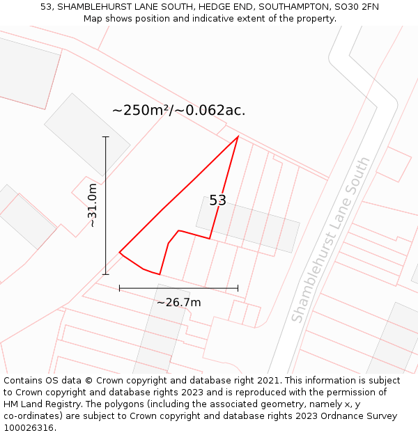 53, SHAMBLEHURST LANE SOUTH, HEDGE END, SOUTHAMPTON, SO30 2FN: Plot and title map