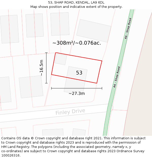 53, SHAP ROAD, KENDAL, LA9 6DL: Plot and title map