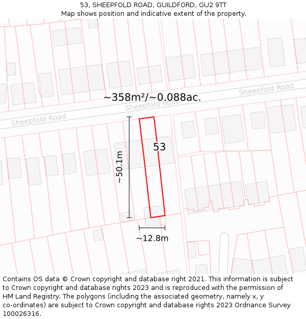 53, SHEEPFOLD ROAD, GUILDFORD, GU2 9TT: Plot and title map