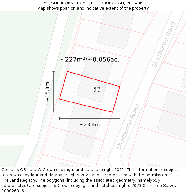 53, SHERBORNE ROAD, PETERBOROUGH, PE1 4RN: Plot and title map