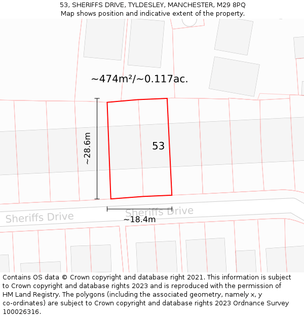 53, SHERIFFS DRIVE, TYLDESLEY, MANCHESTER, M29 8PQ: Plot and title map