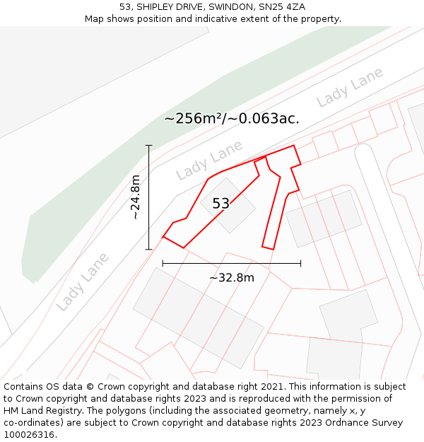 53, SHIPLEY DRIVE, SWINDON, SN25 4ZA: Plot and title map