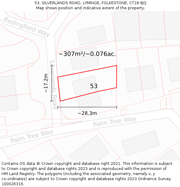 53, SILVERLANDS ROAD, LYMINGE, FOLKESTONE, CT18 8JQ: Plot and title map