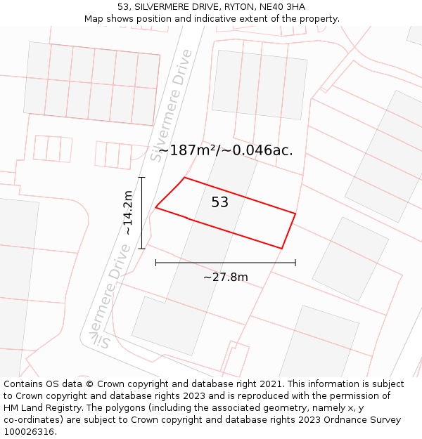 53, SILVERMERE DRIVE, RYTON, NE40 3HA: Plot and title map
