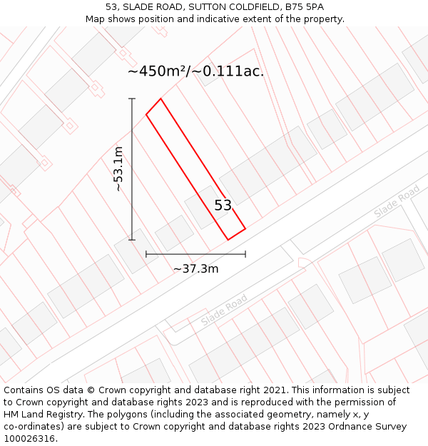 53, SLADE ROAD, SUTTON COLDFIELD, B75 5PA: Plot and title map