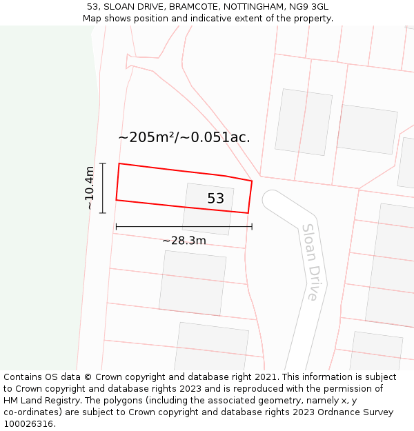 53, SLOAN DRIVE, BRAMCOTE, NOTTINGHAM, NG9 3GL: Plot and title map