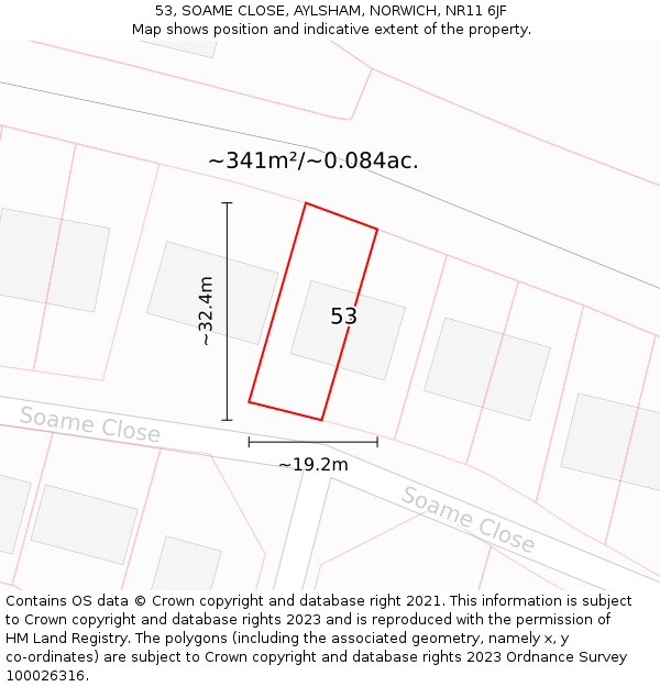 53, SOAME CLOSE, AYLSHAM, NORWICH, NR11 6JF: Plot and title map