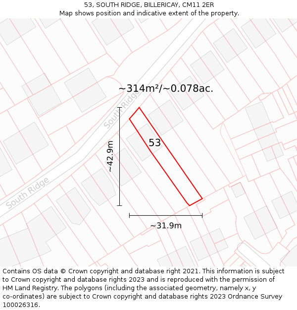 53, SOUTH RIDGE, BILLERICAY, CM11 2ER: Plot and title map