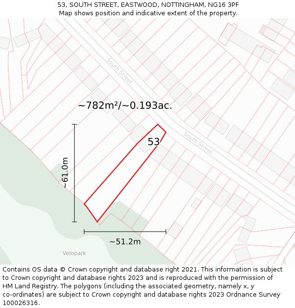 53, SOUTH STREET, EASTWOOD, NOTTINGHAM, NG16 3PF: Plot and title map