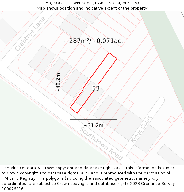53, SOUTHDOWN ROAD, HARPENDEN, AL5 1PQ: Plot and title map