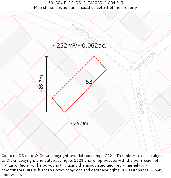 53, SOUTHFIELDS, SLEAFORD, NG34 7LB: Plot and title map