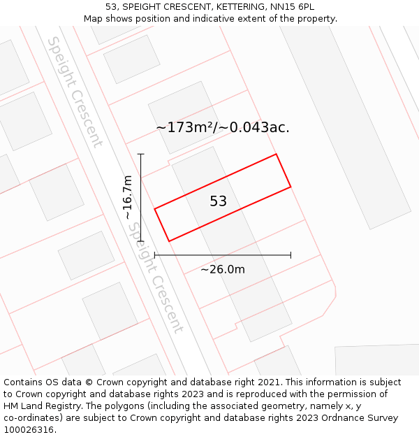 53, SPEIGHT CRESCENT, KETTERING, NN15 6PL: Plot and title map