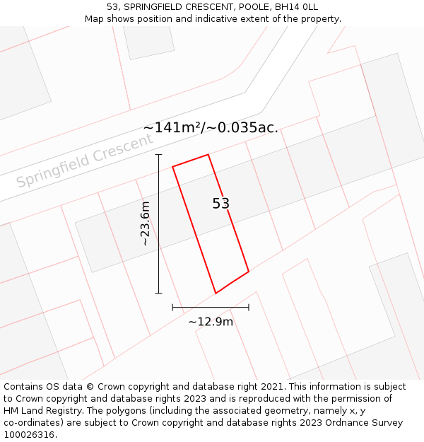 53, SPRINGFIELD CRESCENT, POOLE, BH14 0LL: Plot and title map