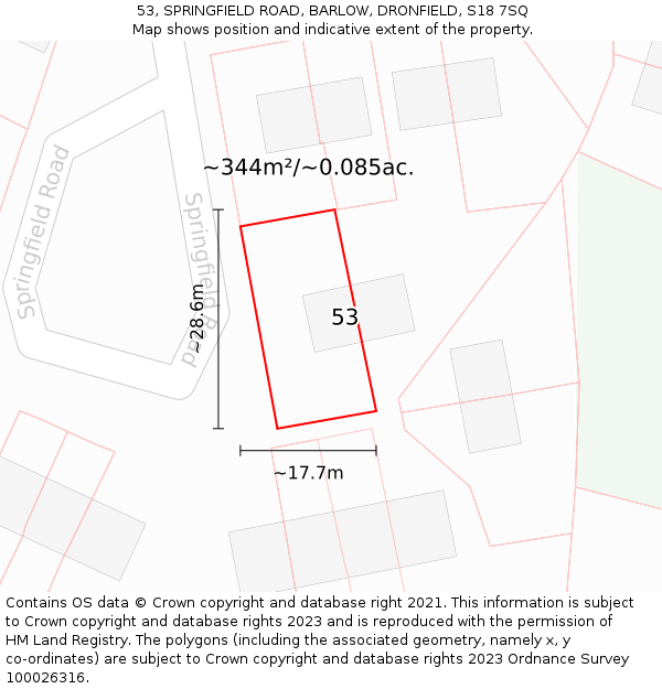 53, SPRINGFIELD ROAD, BARLOW, DRONFIELD, S18 7SQ: Plot and title map