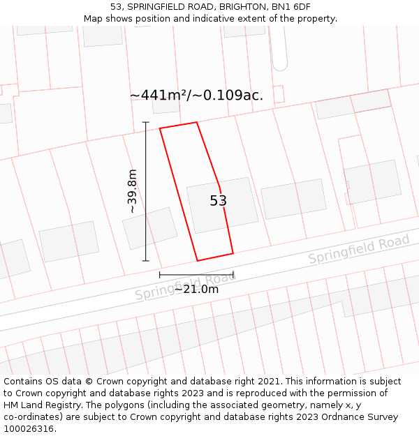 53, SPRINGFIELD ROAD, BRIGHTON, BN1 6DF: Plot and title map