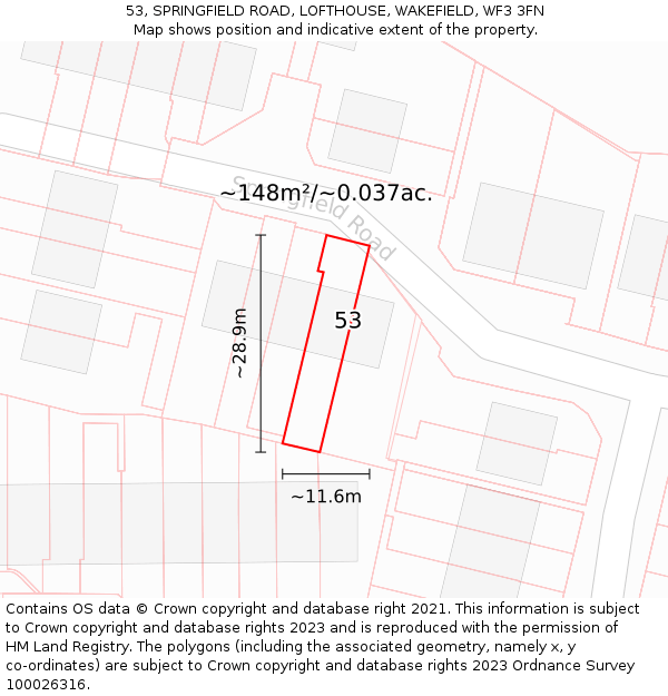 53, SPRINGFIELD ROAD, LOFTHOUSE, WAKEFIELD, WF3 3FN: Plot and title map