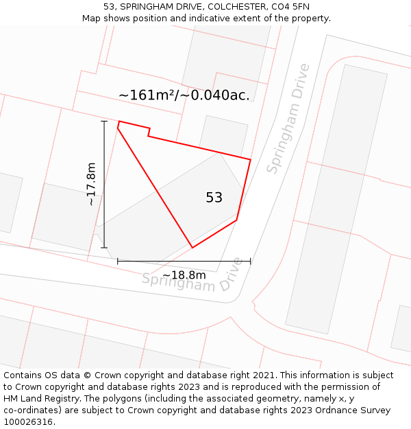 53, SPRINGHAM DRIVE, COLCHESTER, CO4 5FN: Plot and title map