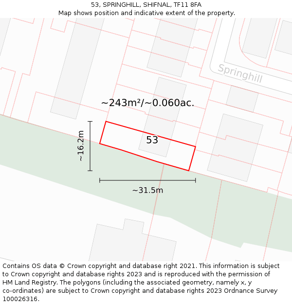 53, SPRINGHILL, SHIFNAL, TF11 8FA: Plot and title map