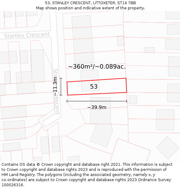 53, STANLEY CRESCENT, UTTOXETER, ST14 7BB: Plot and title map