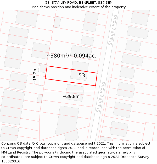 53, STANLEY ROAD, BENFLEET, SS7 3EN: Plot and title map