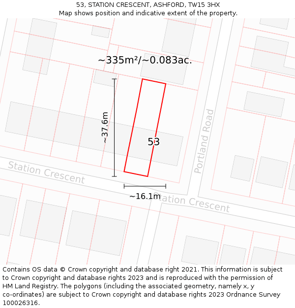 53, STATION CRESCENT, ASHFORD, TW15 3HX: Plot and title map
