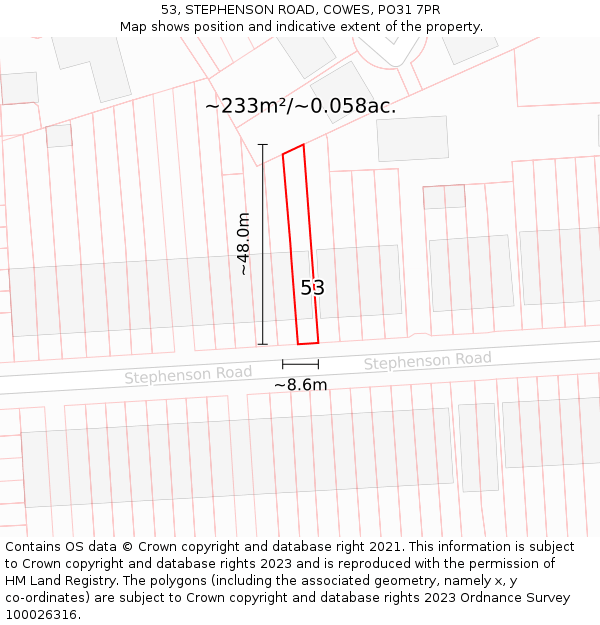 53, STEPHENSON ROAD, COWES, PO31 7PR: Plot and title map