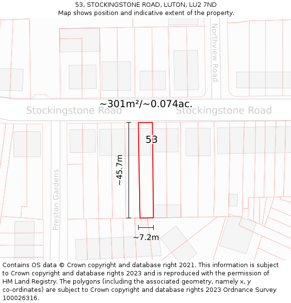 53, STOCKINGSTONE ROAD, LUTON, LU2 7ND: Plot and title map