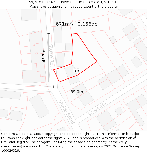 53, STOKE ROAD, BLISWORTH, NORTHAMPTON, NN7 3BZ: Plot and title map