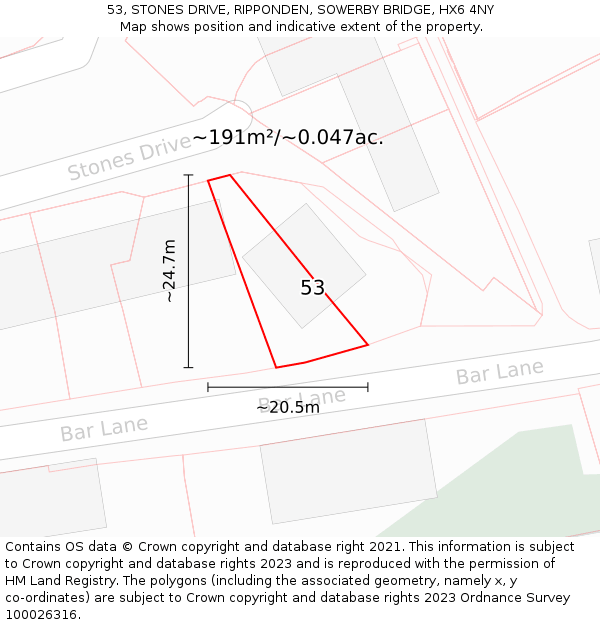 53, STONES DRIVE, RIPPONDEN, SOWERBY BRIDGE, HX6 4NY: Plot and title map