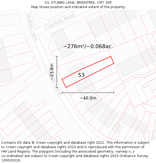 53, STUBBS LANE, BRAINTREE, CM7 3XR: Plot and title map