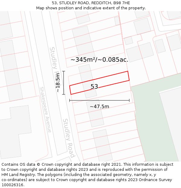 53, STUDLEY ROAD, REDDITCH, B98 7HE: Plot and title map