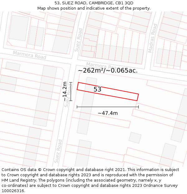 53, SUEZ ROAD, CAMBRIDGE, CB1 3QD: Plot and title map