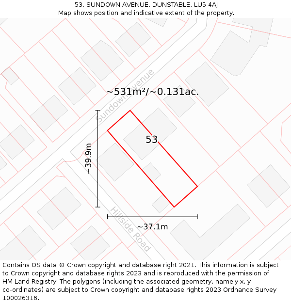 53, SUNDOWN AVENUE, DUNSTABLE, LU5 4AJ: Plot and title map