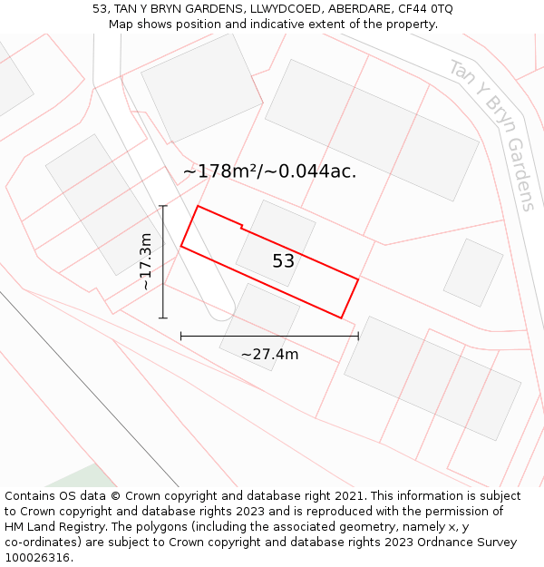 53, TAN Y BRYN GARDENS, LLWYDCOED, ABERDARE, CF44 0TQ: Plot and title map