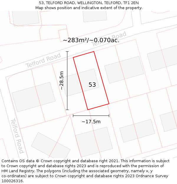 53, TELFORD ROAD, WELLINGTON, TELFORD, TF1 2EN: Plot and title map