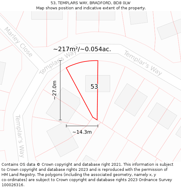 53, TEMPLARS WAY, BRADFORD, BD8 0LW: Plot and title map