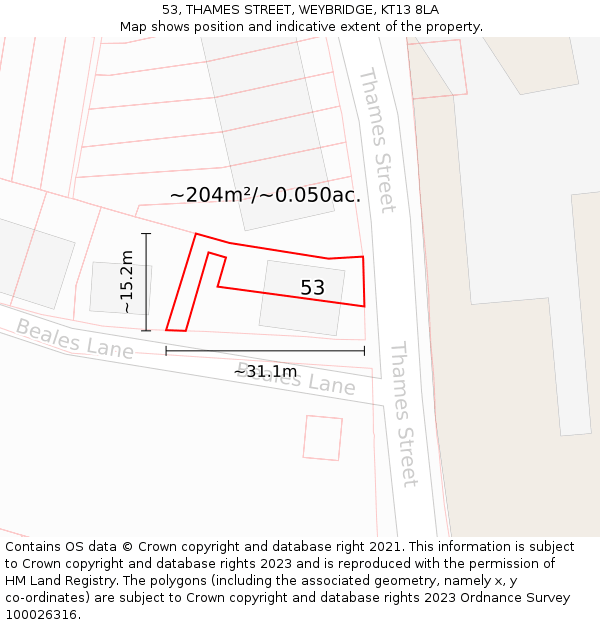 53, THAMES STREET, WEYBRIDGE, KT13 8LA: Plot and title map