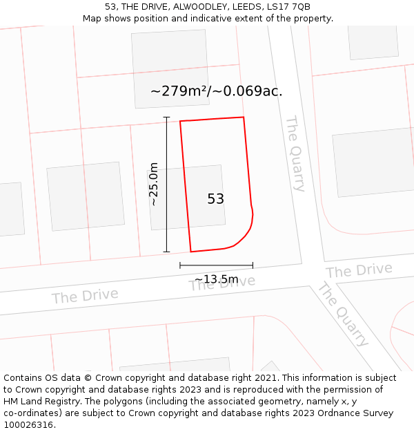 53, THE DRIVE, ALWOODLEY, LEEDS, LS17 7QB: Plot and title map
