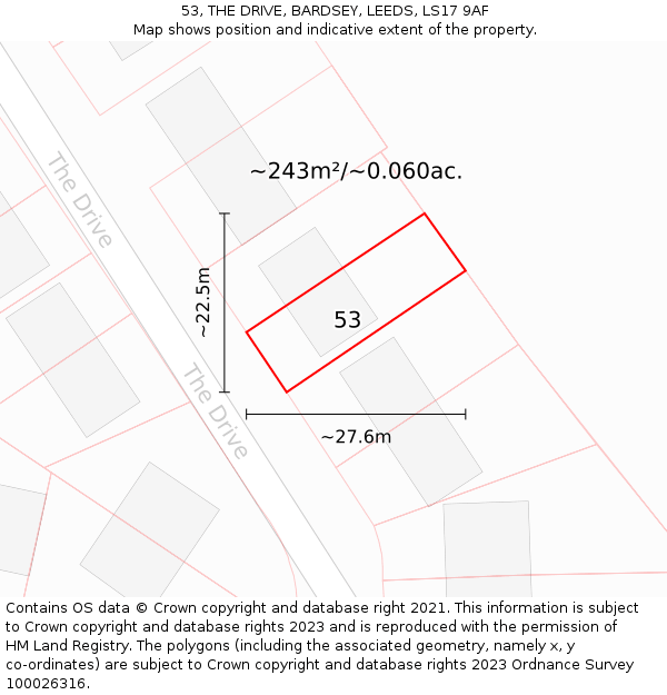53, THE DRIVE, BARDSEY, LEEDS, LS17 9AF: Plot and title map
