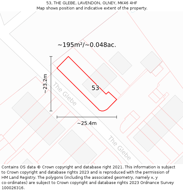 53, THE GLEBE, LAVENDON, OLNEY, MK46 4HF: Plot and title map